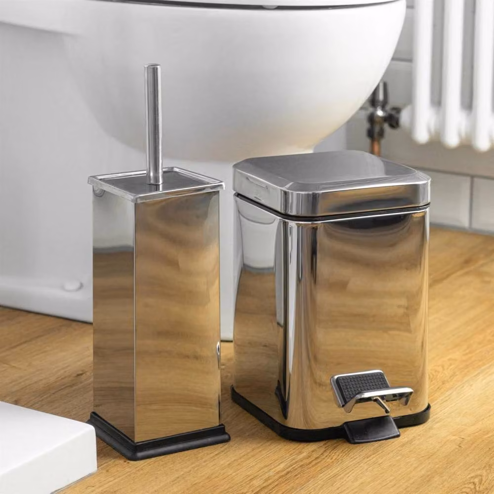 Havendro Bathroom Pedal Bin 3L and Toilet Brush Holder Set in Metallic Silver Stainless Steel – 3