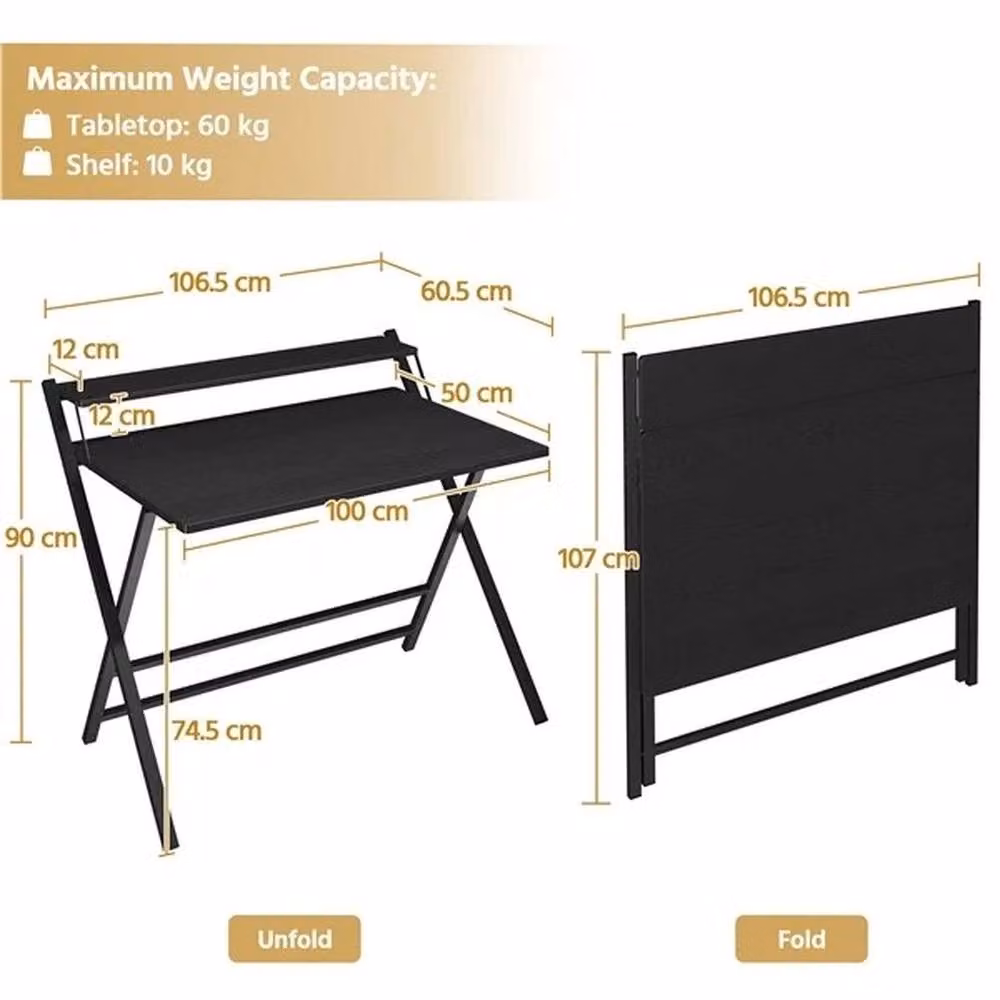 KORVIXA 2-Tier Foldable Computer Desk in Black, W/D/H: 60 x 60.5 x 74.5 cm – 2