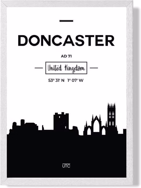 ARTZE Doncaster Black and White City Skyline Framed Print, White Frame, A2