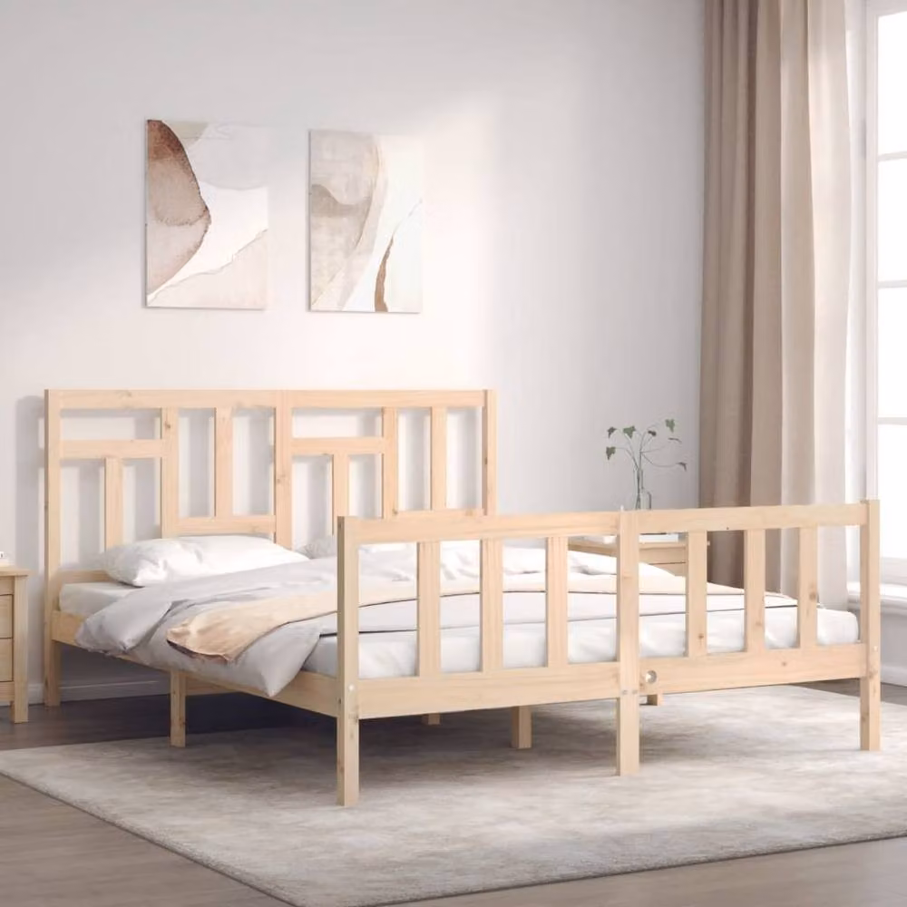 Berkfield Home Solid Wood Bed Frame with Headboard in Beige, W/D/H: 160 x 200 cm – 2