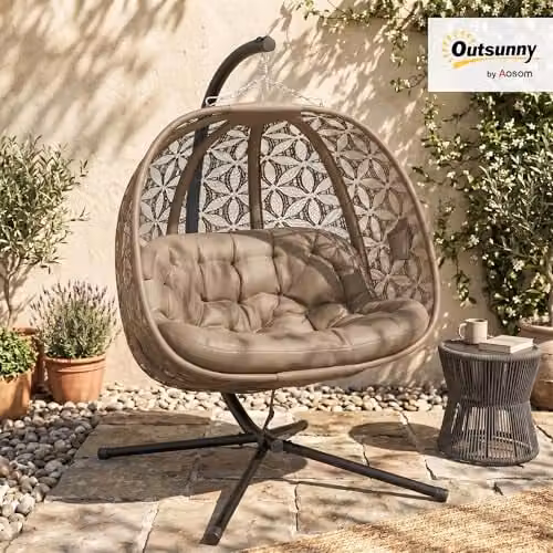 Outsunny Double Hanging Swing Chair with Metal Stand and Cup Holders in Sand Brown – 2