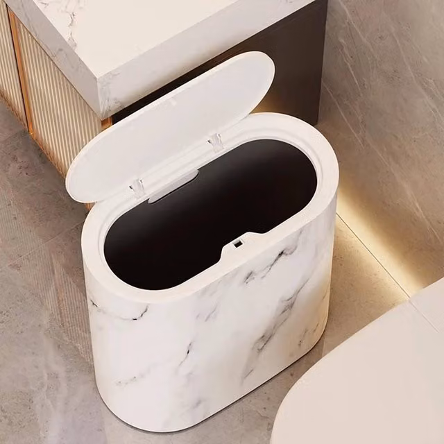Kelvenix White Marble Effect Narrow Waste Bin with Flip Lid and Odour Filter