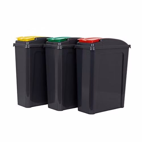 Wham 3 Piece Recycle It 25L Plastic Bins with Flip Lids in Grey with Red, Green and Yellow Lids