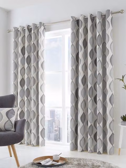 Fusion Lennox Modern Geo Print Eyelet Curtains in Grey, Width: 229 cm, Drop: 229 cm