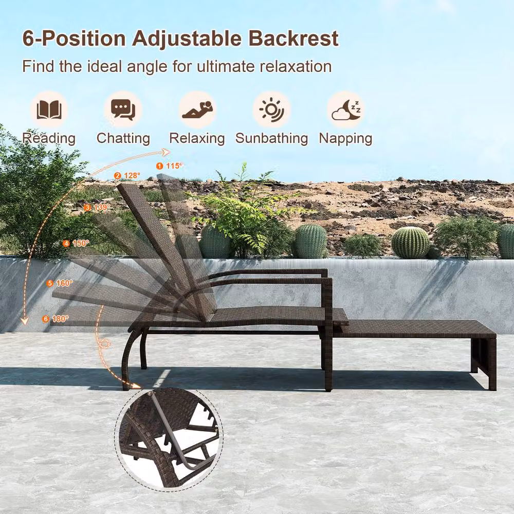 Gymax Brown Polyrattan Wicker Chaise Lounge with 6-Position Adjustable Backrest and Armrests for Pool or Patio – 3