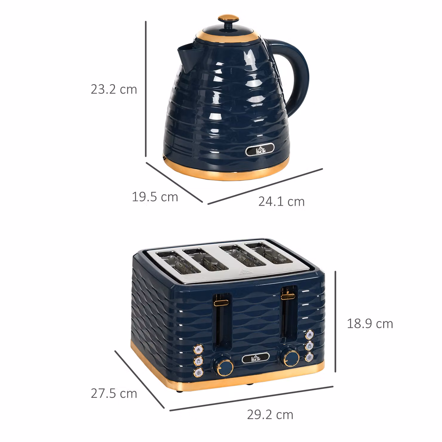 HOMCOM Blue Kettle and 4 Slice Toaster Set with 3000W Rapid Boil Kettle and 1.7L Capacity and 7 Browning Controls and Crumb Tray – 3