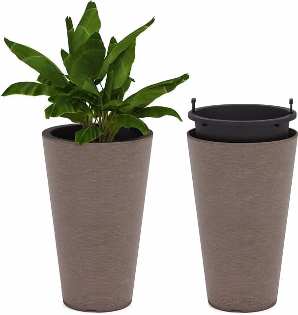 Costway Tall Round Planter Set of 2 in Brown