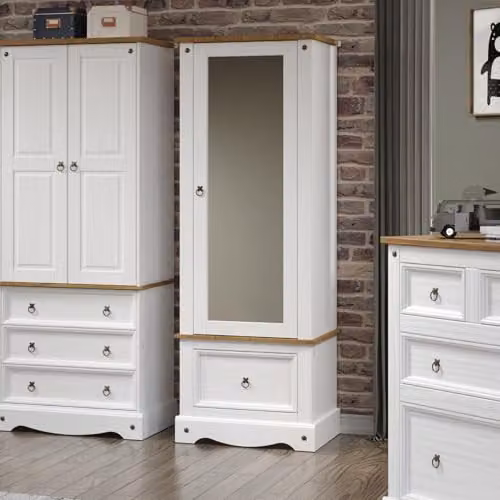 Core Products Corona White Waxed Pine Wardrobe with Mirrored Door – 2