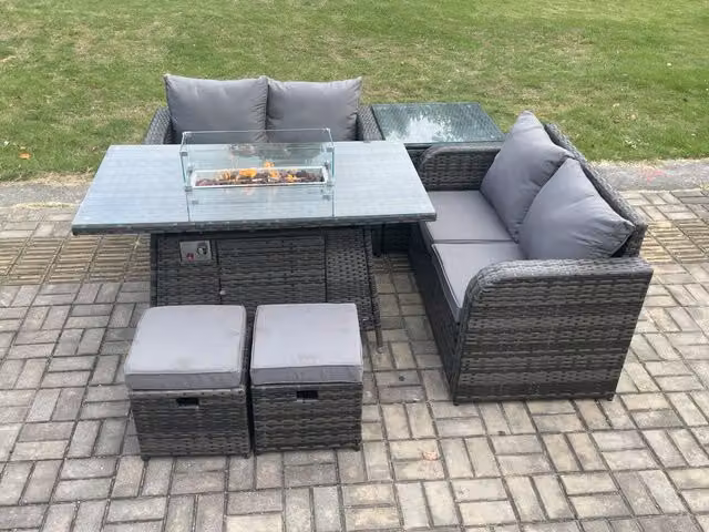Fimous 6 Piece Rattan Garden Furniture Set with Gas Fire Pit Table in Dark Grey