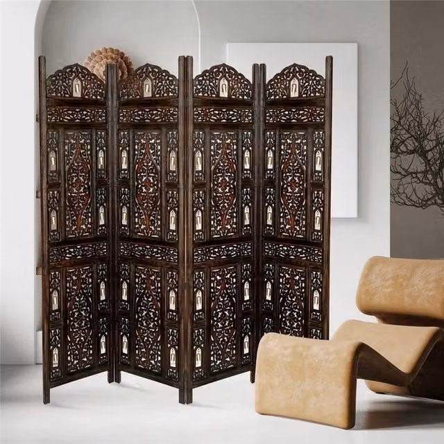 Topfurnishing 4 Panel Heavy Carved Wooden Room Divider Screen with Floral Oriental Design in Brown and White