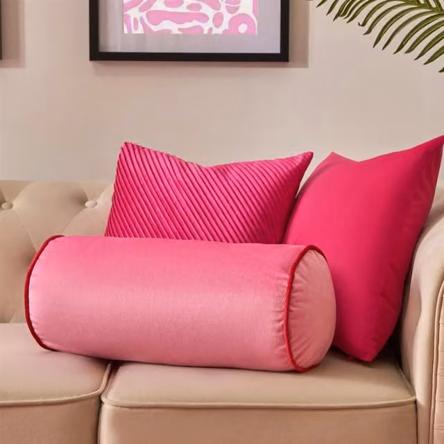 OHS Matte Velvet Oval Bolster Cushion in Pink and Red