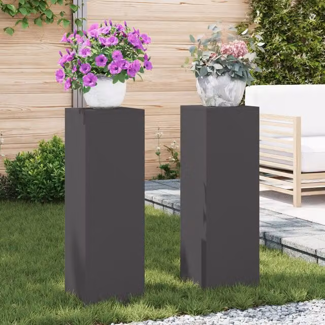 Berkfield Home Modern Outdoor Plant Stand Pillar Set of 2 in Matt Black Steel, W/D/H: 24 x 24 x 75 cm