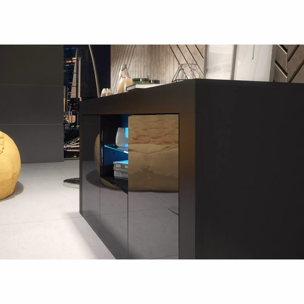 Mex Furniture LTD Aurora Sideboard in Black with Glossy Doors and Integrated LED Lighting, W: 145 cm, H: 70 cm, D: 35 cm – 3