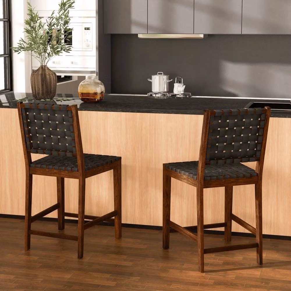 Havendro Set of 2 Brown Counter Height Bar Stools with Woven PU Leather Straps – 4