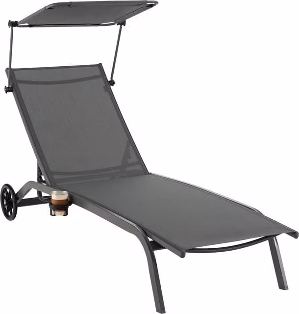 Costway Grey Metal Patio Chaise Lounge Chair with Sun Canopy, Cup Holders and Castors