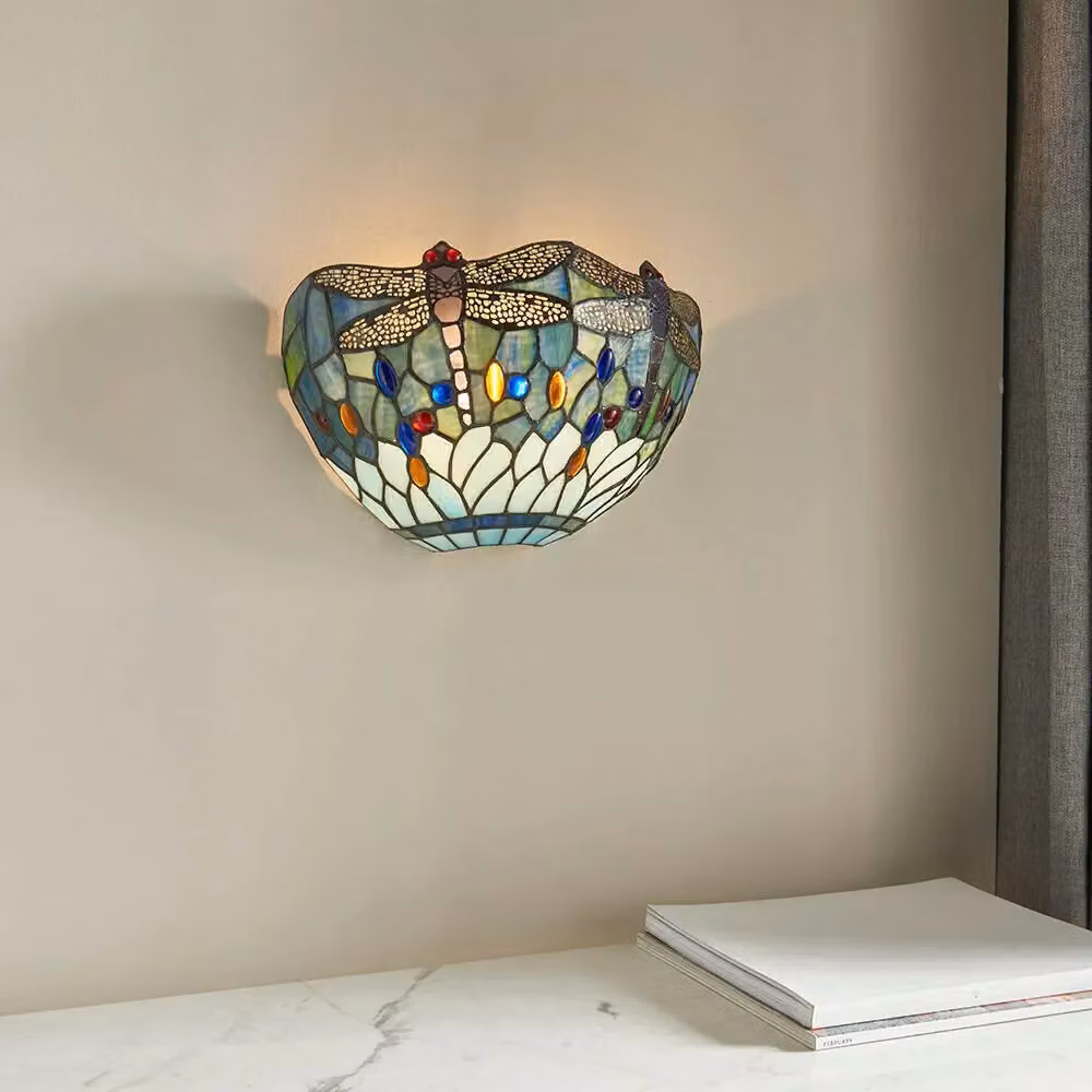 Loops Tiffany Glass LED Wall Light in Black and Multicolour with Dragonfly Design – 3