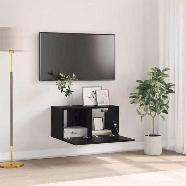 Berkfield Home Modern Black Oak TV Cabinet with Sliding Doors – 1