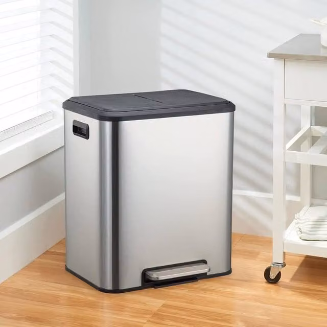 London Boutique Double Kitchen Bin with Soft-Close Pedal and Removable Inner Buckets, 2 x 15L, Stainless Steel, Silver