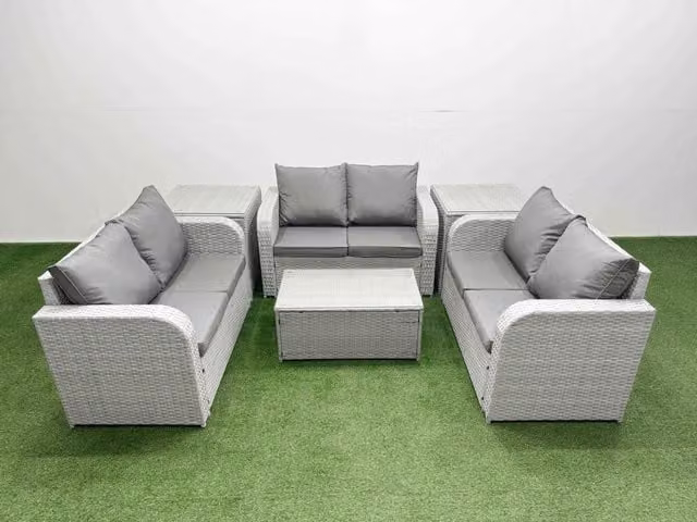 Fimous 6 Seater PE Wicker Rattan Garden Furniture Set in Light Grey with Rectangular Coffee Table, 2 Seater Love Sofa and 2 Side Tables