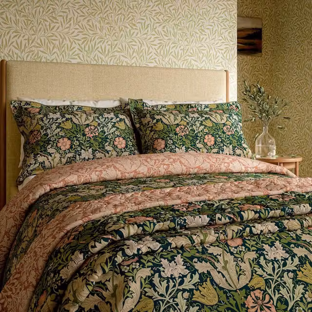 Morris & Co Compton Kingsize Cotton Percale Duvet Cover and Pillowcase Set, Green and Blue Floral