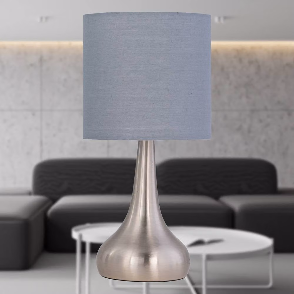 First Choice Lighting Romana Set of 2 Dimmable Touch Table Lamps in Brushed Chrome with Grey Fabric Shades – 3