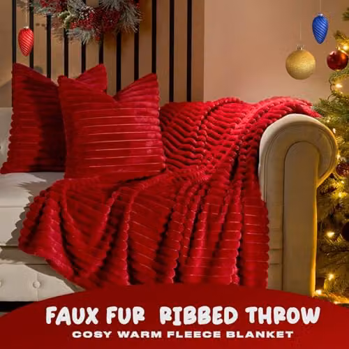 OHS Ribbed Faux Fur Fleece Throw Blanket in Red, W/D/H: 125 x 150 cm – 2