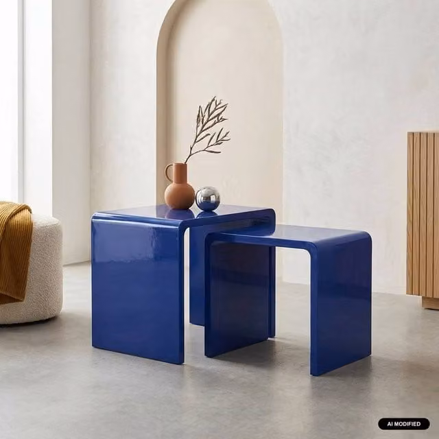 sweeek Set of 2 Blue Glossy Nesting Tables with Square Rounded Tops