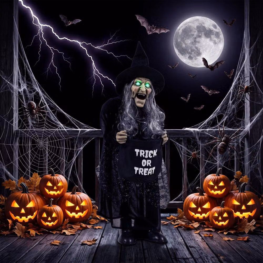 HOMCOM 94 cm Animated Witch Halloween Decoration with Light Up Eyes in Black, Silver and Green – 2