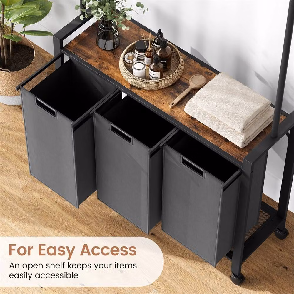 VOGREX 3-Compartment Pull-Out Metal Laundry Hamper with Removable Fabric Bags, Black, 49L – 3
