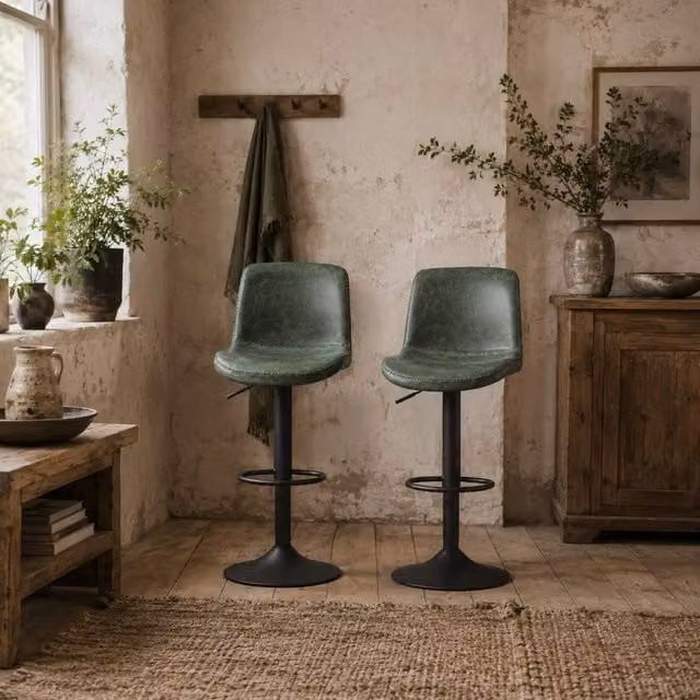 Wyld Haus Set of 2 Green Faux Leather Swivel Bar Stools with Metal Footrest – 1