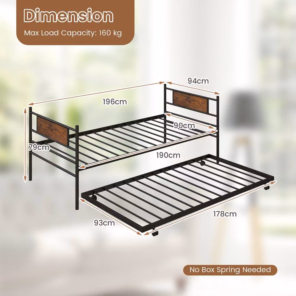 Costway Single Metal Daybed Sofa Bed with Pull-out Trundle in Brown – 2