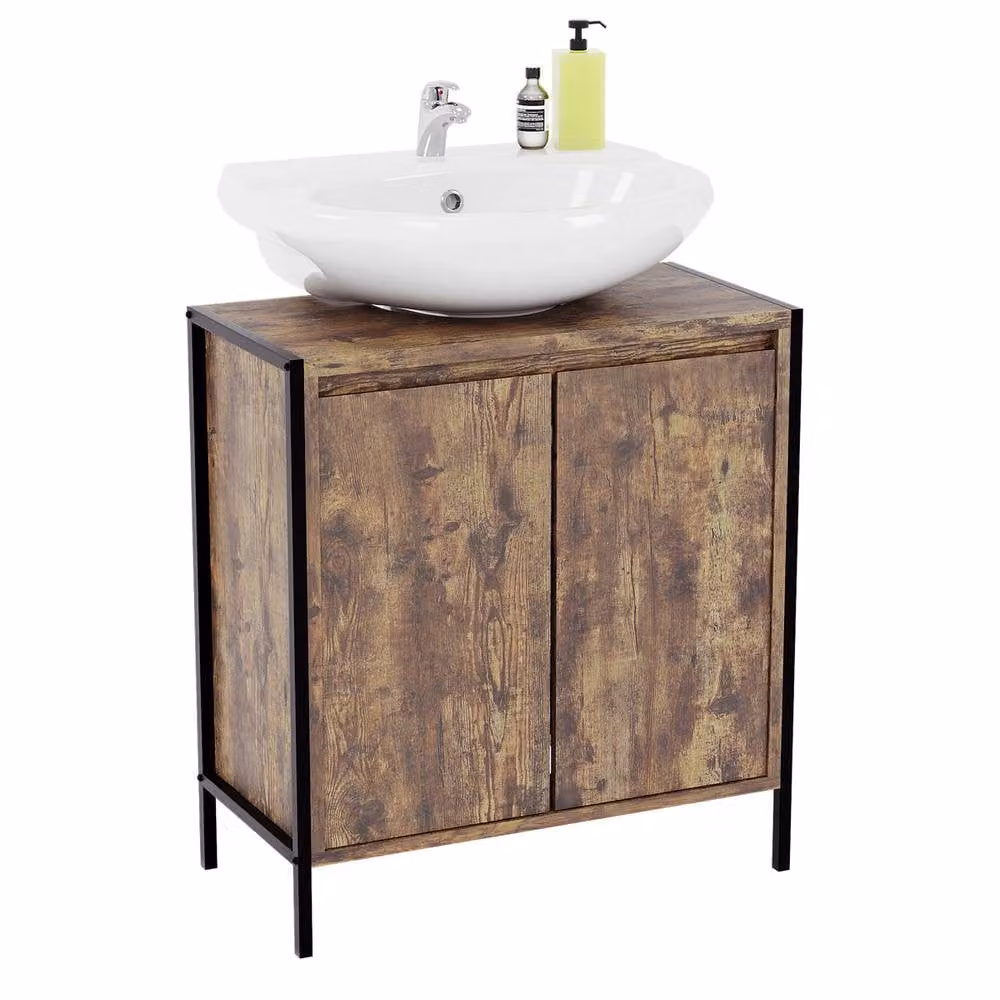 Home Discount Lana 2 Door Undersink Bathroom Cabinet in Dark Brown Rustic Wood Finish – 2