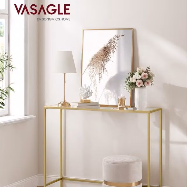 VASAGLE Minimalist Rectangular Glass and Metal Console Table in Gold and Black