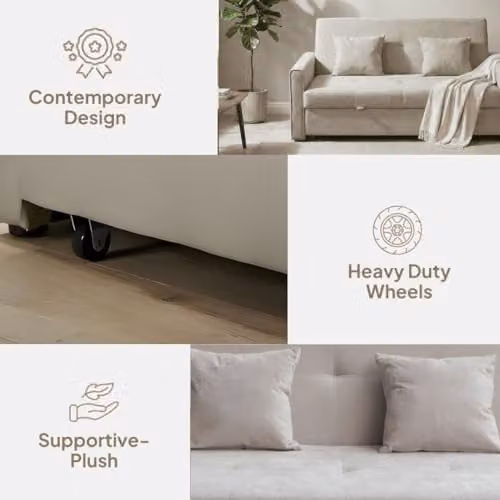 Home Source Charleston 2 Seater Click Clack Convertible Sofabed in Beige Velvet – 3