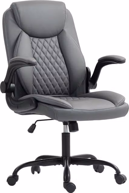 HOMCOM Faux Leather Office Task Chair with Flip-Up Armrests and 360 Degree Swivel, Grey, W/D/H: 65 x 60 x 120 cm – 1