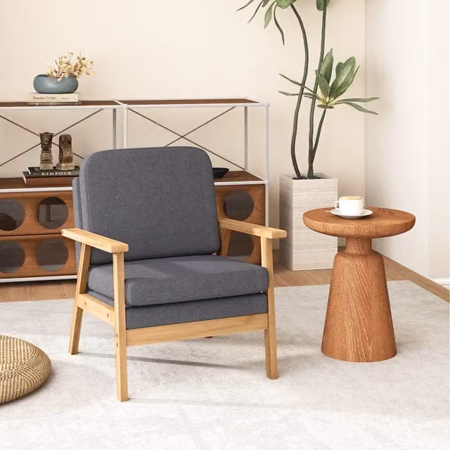 Costway Grey Fabric Tub Reading Chair with Armrests and Solid Wood Frame