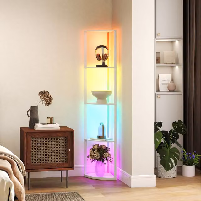 HOMCOM RGB LED Floor Lamp with Shelves and Remote Control, White