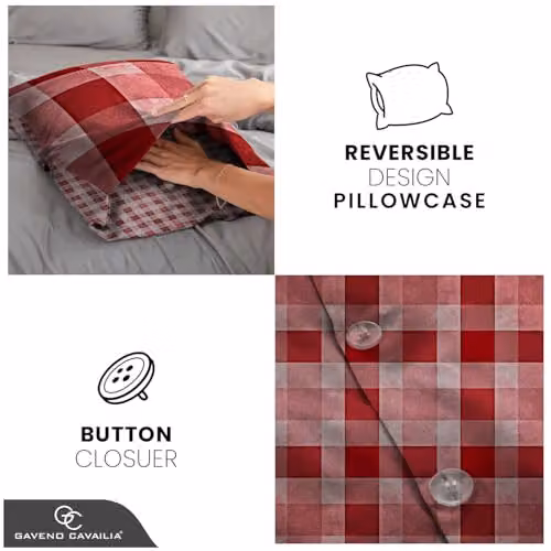 Smart Living Red Checked Polycotton Reversible Duvet Cover and Pillowcase Set, W/D/H: 135 x 200 cm with 50 x 75 cm Pillowcases – 4