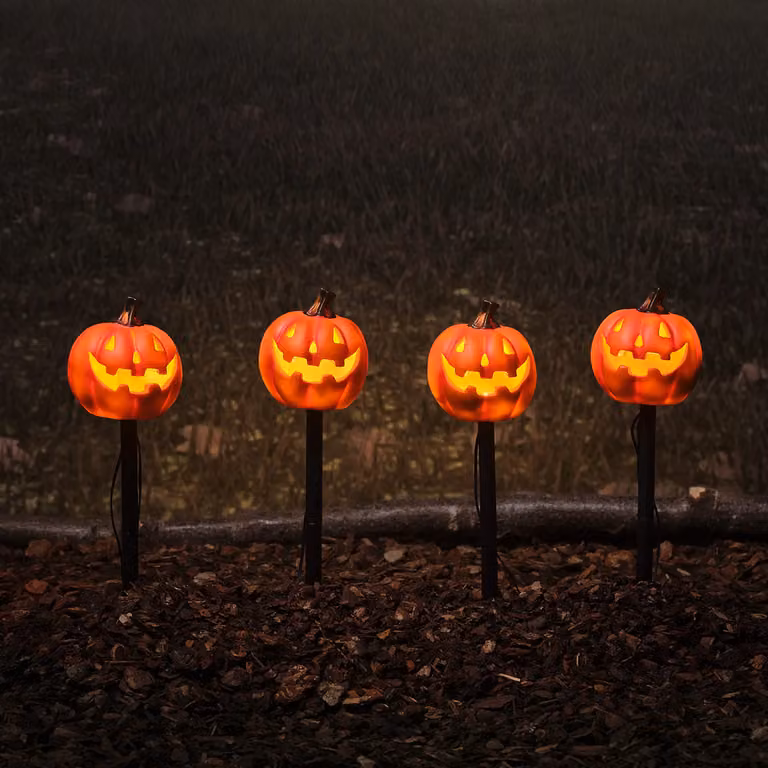 Lights4fun Set of 4 Orange Halloween Pumpkin Resin Stake Lights H 40 cm x W 10 cm x D 10 cm