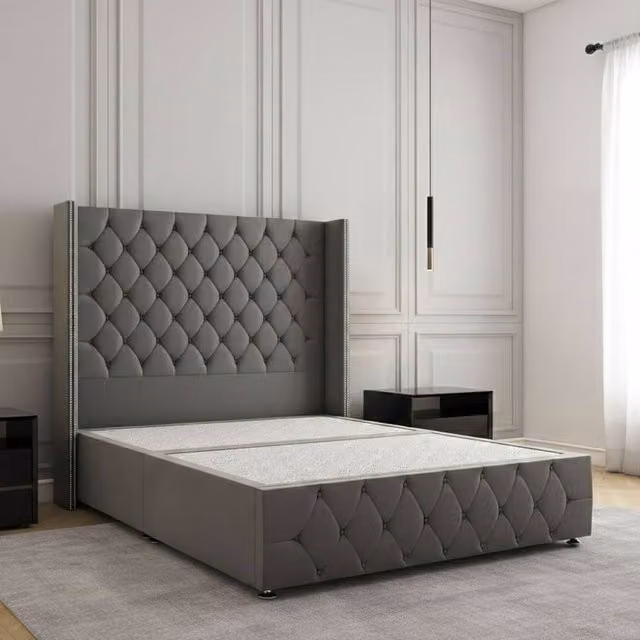 Regional Furnishings Plush Velvet Double Divan Bed with Headboard and Footboard in Grey, W/D/H: 140 x 200 cm