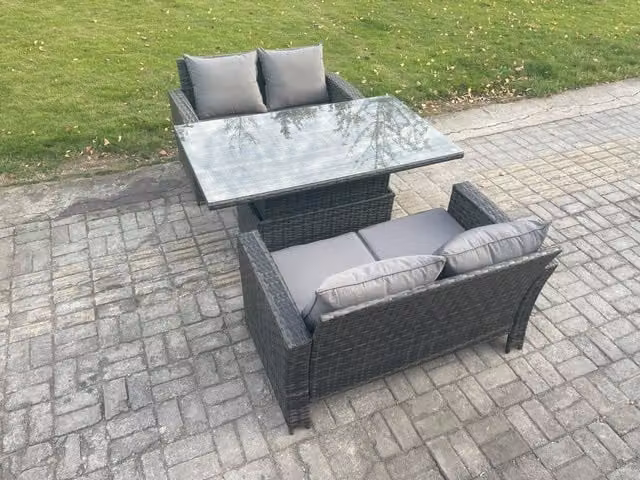 Fimous 3 Piece Poly Rattan Garden Furniture Set with Height Adjustable Rising Table in Dark Grey