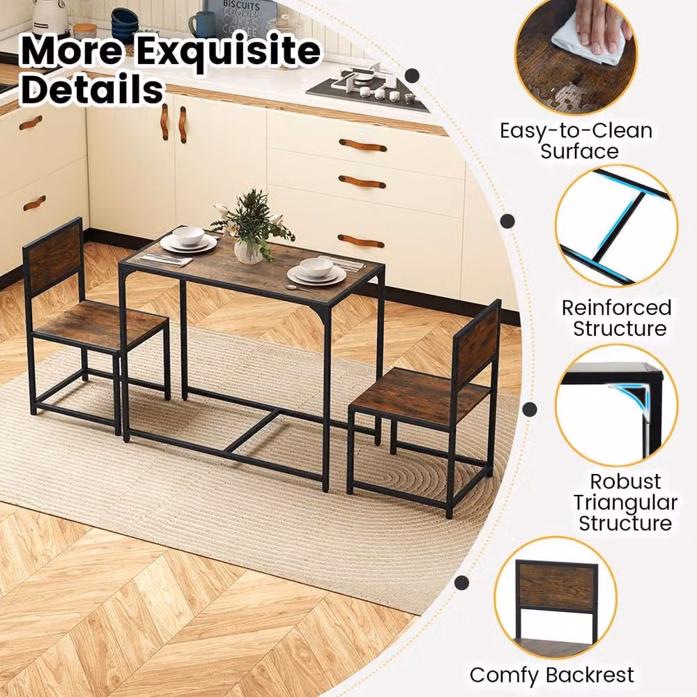 Costway 3 Piece Industrial Dining Set with Rectangular Kitchen Table and 2 Chairs in Brown – 6