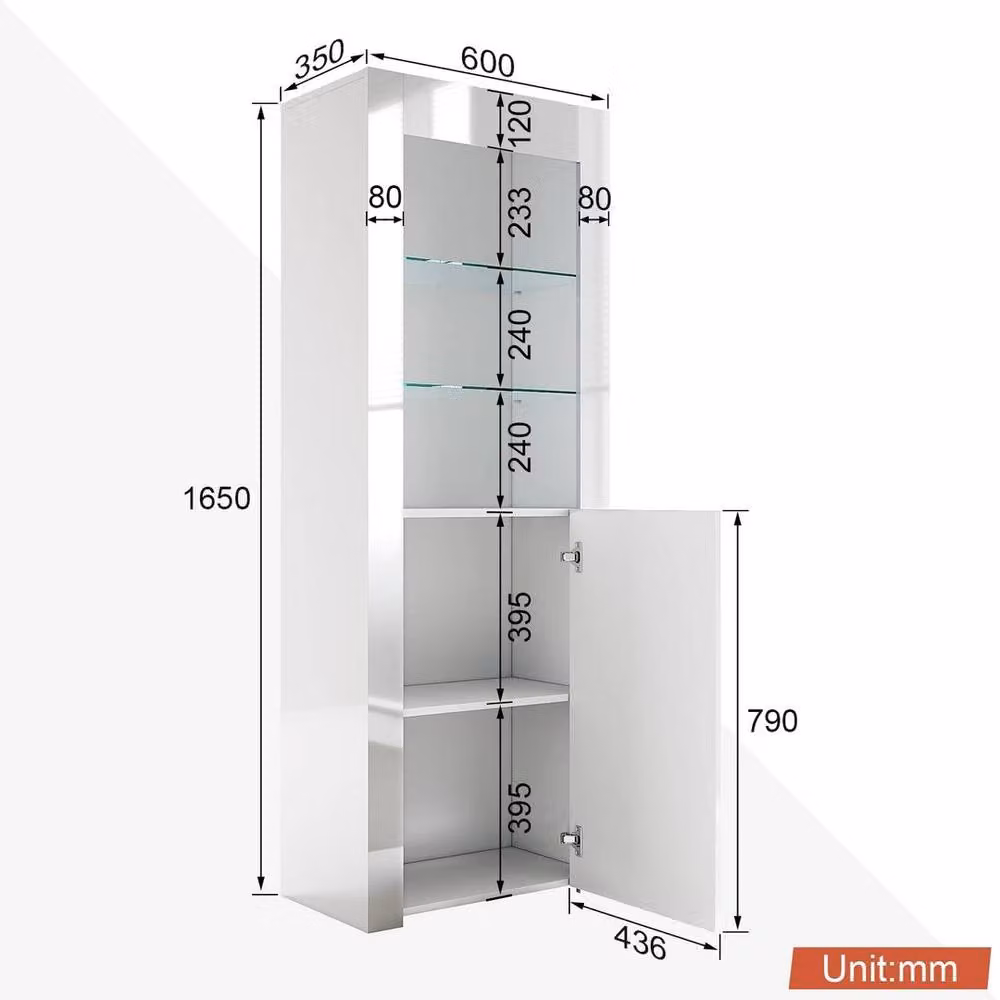 FORGEVIO Modern High Gloss White Display Cabinet with Glass Doors and Integrated Lighting, H 165 x W 35 x D 35 cm – 2