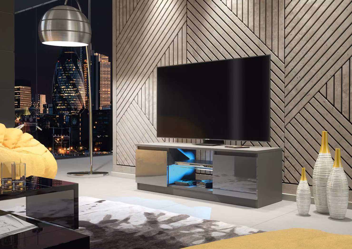 Creative Furniture Aura TV Unit in Dark Grey with Glossy Doors and LED Lights, W/D/H: 120 x 40 x 38 cm – 4