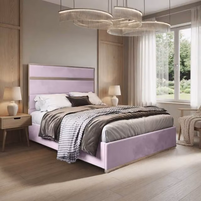 KDMD Horringer Pink Velvet Upholstered Metal Designer Bed Frame, Single, W/D/H: 90 x 200 cm – 1