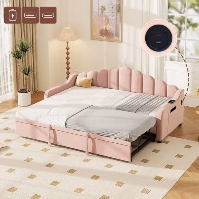 ModernLuxe Pink Velvet Upholstered Single Daybed with Pull Out Trundle, Scalloped Backrest and USB Charging Port, W/D/H: 190 x 90 x 220 cm