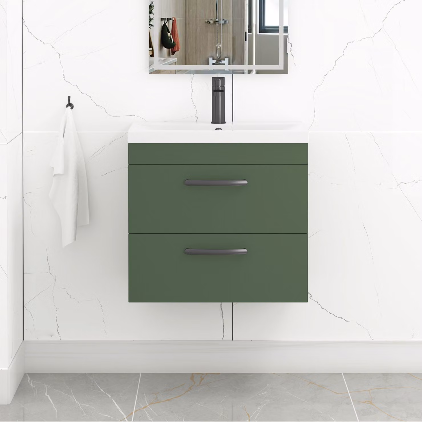 Royal Bathrooms Turin Wall Hung Vanity Unit with 2 Drawers and Mid-Edge Basin, Matt Green with Matt Black Handles, Width: 60 cm
