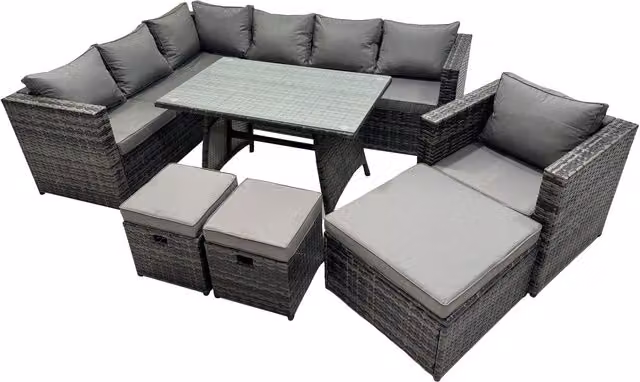 Fimous 10-Seater Outdoor PE Rattan Sofa Set with Dining Table and 3 Stools in Dark Grey Mixed