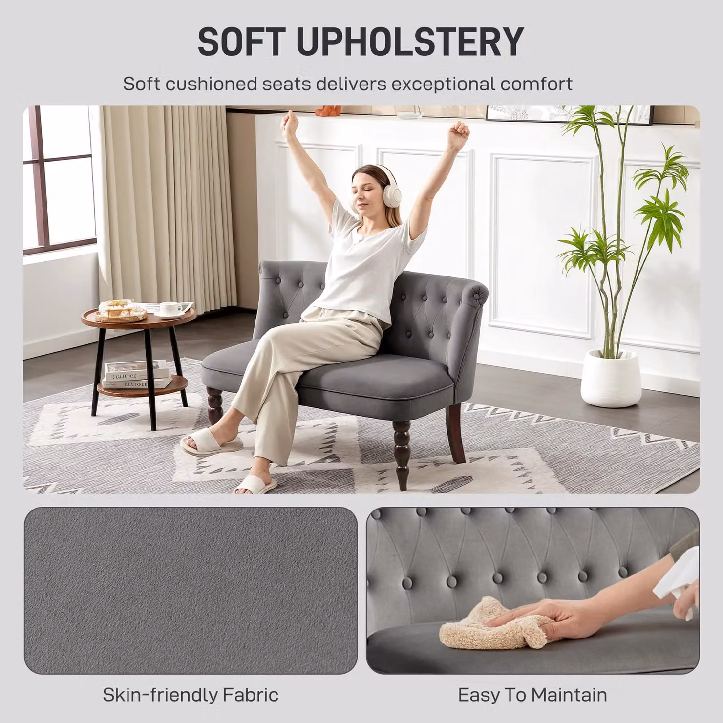 HOMCOM Velvet 2 Seater Sofa with Solid Wood Frame, Grey – 3