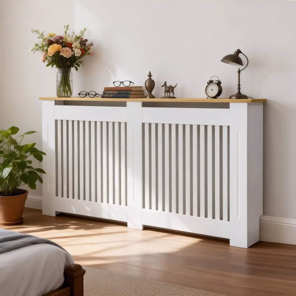 FORGEVIO Vertical Large Radiator Cover in White with Wood Texture Top, W: 152 cm, D: 20 cm, H: 92.5 cm – 2